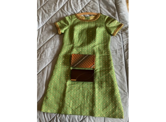 Vintage Green Dress With Gold Accents And A Nazareno Gabrielli Clutch