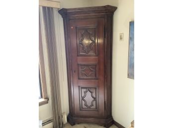 Italian Baroque Walnut Corner Cabinet With Carved Panels Door With 3 Knotty Pine Shleves