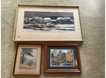 3 Pieces Of Art Including A Dated 1965 Watercolor Of Houses, Pen And Ink By Sabine Bonnar And 1 More