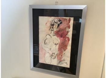 Framed Female Nude Illegibly Signed, Mixed Media Matted And Framed