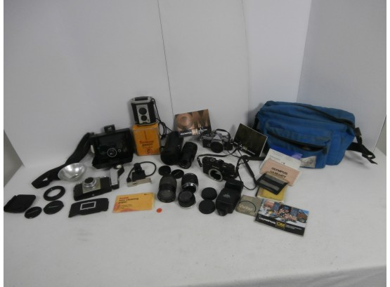Camera And Photography Lot Including Olympus OM-Z, OM-1, Polaroid The Reporter SE, And More