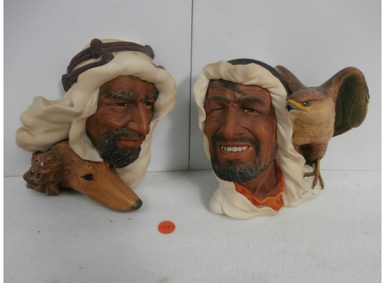 2 Signed Bossons Chalkware Heads Depicting Arabian Persian With Falcon And Another With Dog