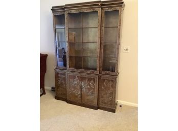 Large Drexel Lit Curio Cabinet With Oriental Motif And Glass Shelves