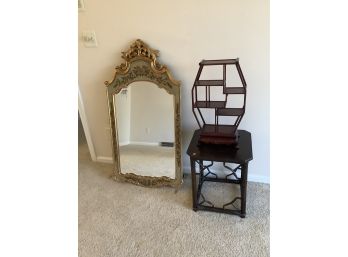 3 Piece Lot Of A Mirror And 2 Oriental Style Table Top Etagere And Faux Bamboo Stand