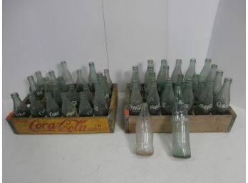 2 Vintage Wooden Drink Coca-cola In Bottles Carriers Plus Glass Coke Bottles