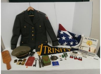 Military And Boy Scouts Lot Including A Jacket, AXP 1959 Jack, 1961 Paddle, Brass Belt Buckles, Buttons, Etc