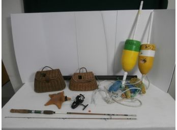 Fishing Lot Including 2 Wicker Fishing Creel Baskets, Star Fish, Buoys As Found, Rod, Reel And Rod Tube Case