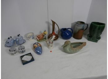 Grouping Of Ceramics And Pottery Including Signed Frankoma 208 Duck Planter, USA Blue Ball Pitcher, Etc.