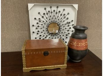 3 Decorative Items Including A Trunk, Vase, Wall Sculpture