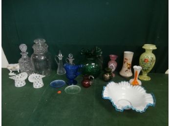 Collectible Glassware Lot Including Cruets, Decanter, Apothecary Type Jar, Ruffled Glassware Top Hats, Etc.