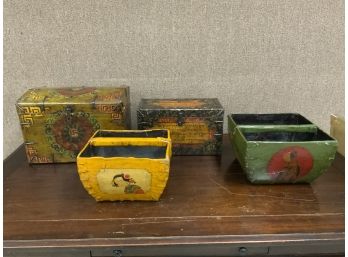4 Oriental Decorated Pieces Including Two Trunks And Two Carriers