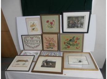 Large Lot Of Framed Artwork Including Needlepoint Or Embroidery