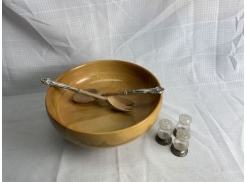 6 Piece Sterling Silver Serving Set Including A Wooden Salad Bowl With Wood Utensils