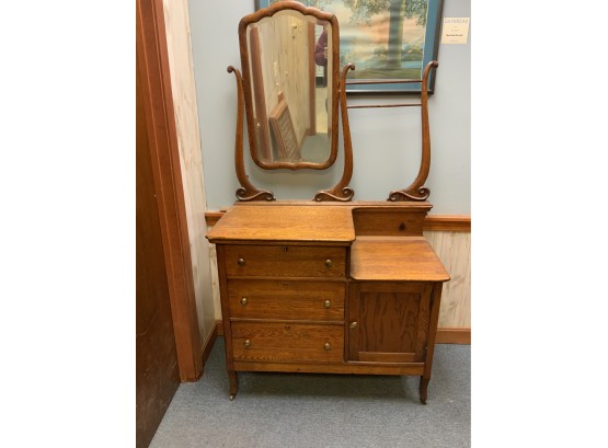 Antique Oak Hotel Commode With Mirror And Towel Rack