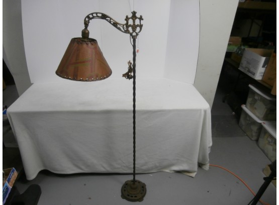 Unsigned Iron Floor Lamp With Floral Motif And Vintage Shade