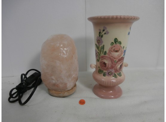 Pink Rock Salt Lamp With Base Signed WBM.  Vintage Floral Pottery Vase Incised USA 573