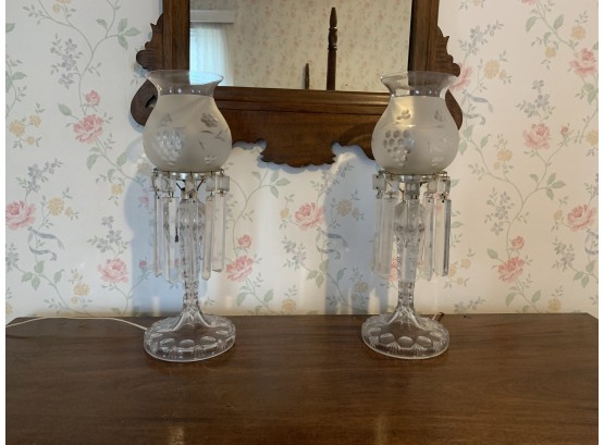 Pair Of Cut Crystal Vanity Lamps With Drop Prisms