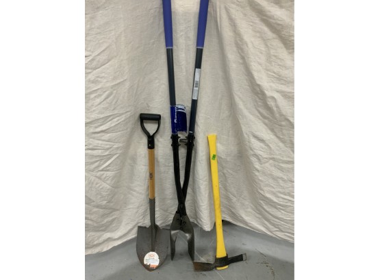 3 Assorted Handtools Including A Posthole Digger, Shovel And Pic Ax
