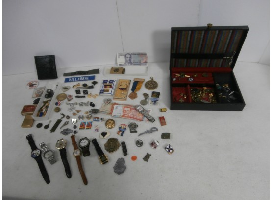 Assorted Lot Of Cuff Links, Tie Clips, A Leather Wallet, Watches, Foreign Currency, Military Pins, Etc.