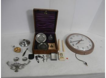 Religious Lot Including Oak Box, Holy Water Glass Bottle, 2 Rosaries With Sterling Crosses And More