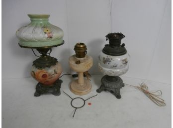 3 Electric Converted Oil Lamps 1 Glass Shade, Floral Patterns