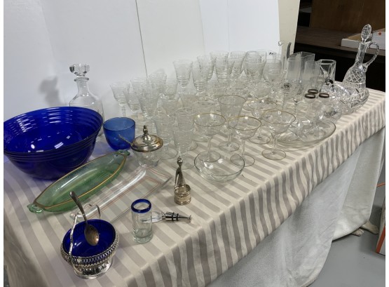 Large Lot Of Clear Glass With Some Blue And Green