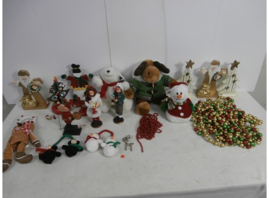 Holiday Decor Lot Including Plush Coca-cola Bear, Wooden Decor, Santa, Snowmen And More