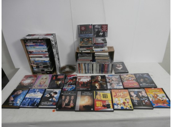 Entertainment Lot Including DVD's, Sealed CD's Of Various Subjects, Cartoons, Action Movies, Etc.
