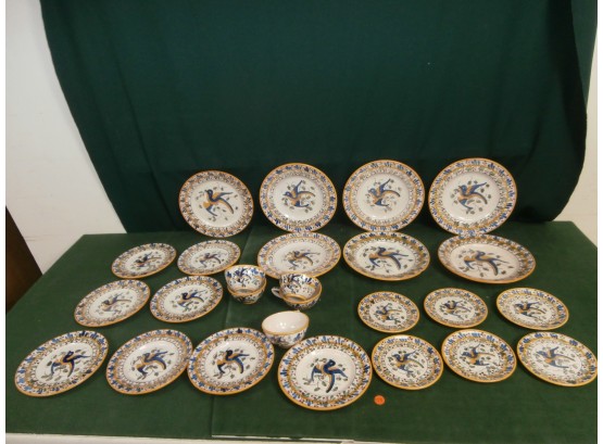 Made In Portugal Dinnerware By V.L. With Repeating Floral And Berry And Bird Design
