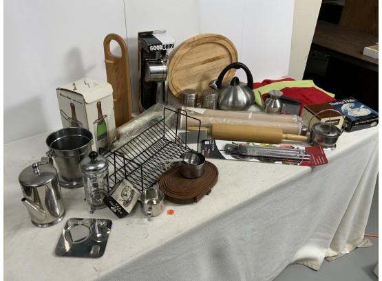 Kitchen Lot Including Rolling Pins, Gadgets, Tea Pot, Ricer, Deep Fry Thermometer, Etc.