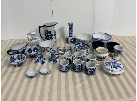 Blue And White Lot Of Small Bowls, Tea Cups, Candle Sticks, Vase, Pitchers, Trivet, Etc.
