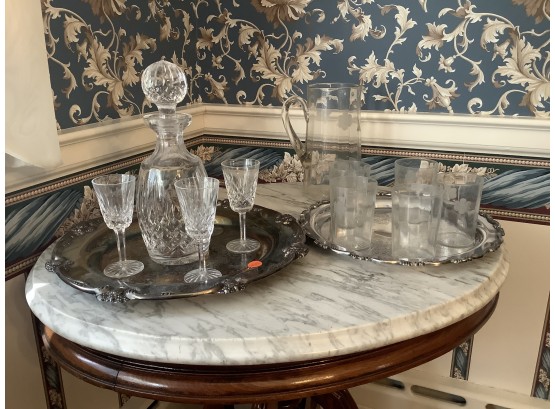 Waterford Decanter And 3 Stems With Wheel Cut Water Pitcher And 5 Glasses, 2 Silver Plate Trays