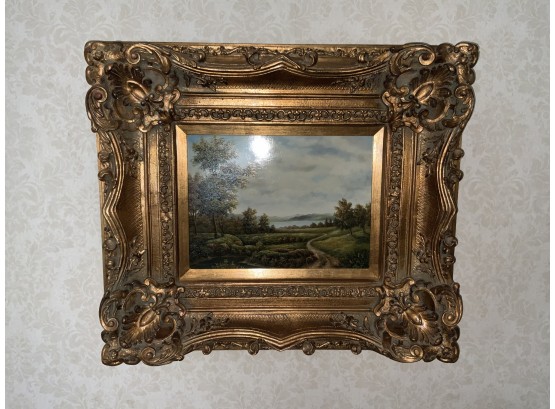 Contemporary Oil Painting On Board With A Large Ornate Gold Frame