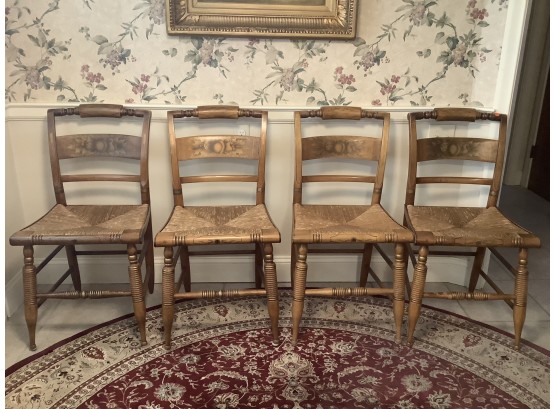 4 Hitchcock Chairs With Rush Seats, Autumn Fruit Gold Gilt Decoration