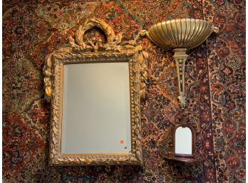 3 Piece Lot Including A Gold Mirror, Small Syroco, And Metal Wall Decor