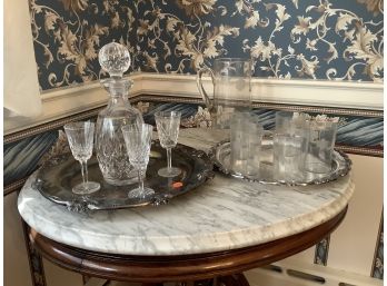 Waterford Decanter And 3 Stems With Wheel Cut Water Pitcher And 5 Glasses, 2 Silver Plate Trays