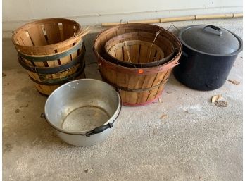 Country Lot Including Peach Baskets And 2 Vintage Pots