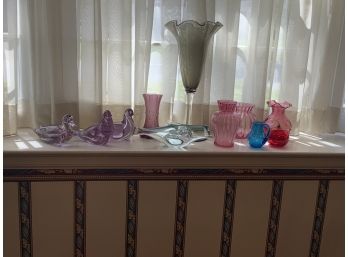 11 Pieces Of Colored Glass Including Vases, Figurines, The Art Glass Bird Is Signed