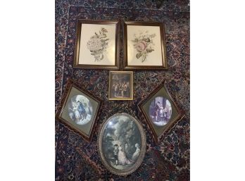 6 Prints Including Floral And Courting Scenes