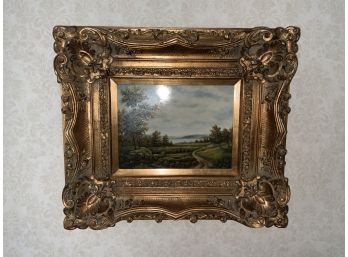 Contemporary Oil Painting On Board With A Large Ornate Gold Frame