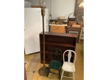 4 Piece Lot Of A Bookcase, 2 Youth Chairs And A Floor Lamp