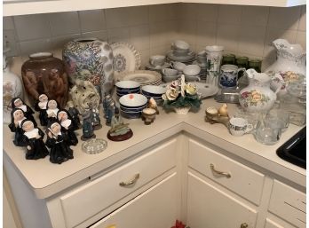 Large Assorted Lot Of China, Clear Glass, Plates, Cups, Saucers, Green Glass And More