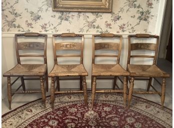 4 Hitchcock Chairs With Rush Seats, Autumn Fruit Gold Gilt Decoration