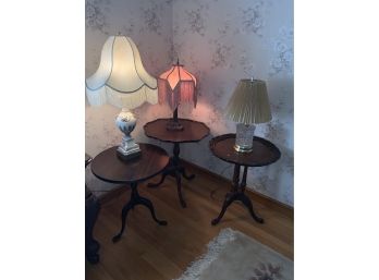 3 Vintage 3 Legged Mahogany Side Tables With 3 Lamps