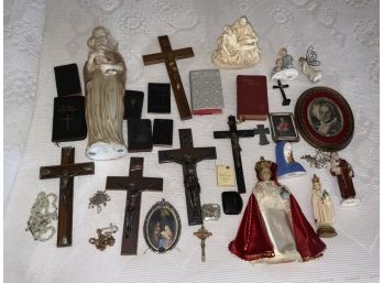 Religious Lot Including Statues, Crosses, Rosary Beads And More