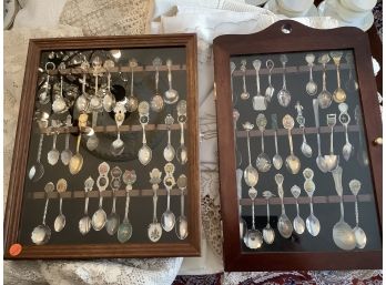 2 Wooden Glass Front Cases With Souvenir Spoons