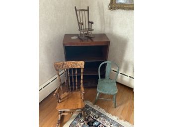 4 Piece Lot Including A Mahogany Bookcase, Doll Rocker, Youth Chair And Youth Rocker