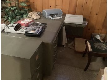 Desk, Filing Cabinet And Office Supply Lot With Calculators, Phone, Printer And A Smith Corona