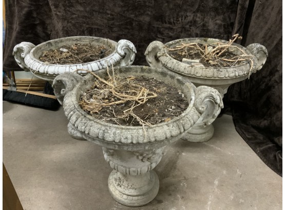 Three Cement Urn Planters With Fruit Front Signed