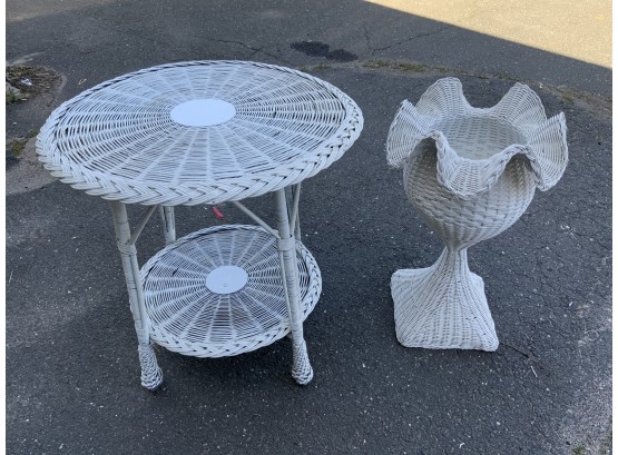 Two White Wicker Pieces Including Table And Planter